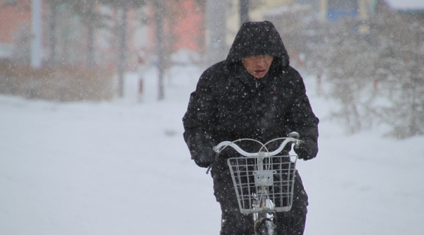 内蒙古根河满归镇雪花飞舞 行人出行难-图1