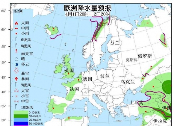 4月1日国外天气预报 北美大部有雨雪天气西亚北部仍有降雨
