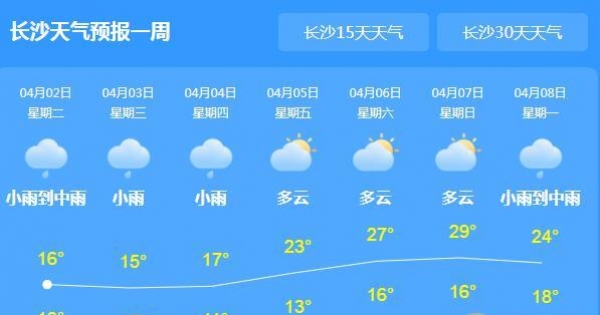 湖南雨势加强气温20℃以下 清明三天局地雷阵雨