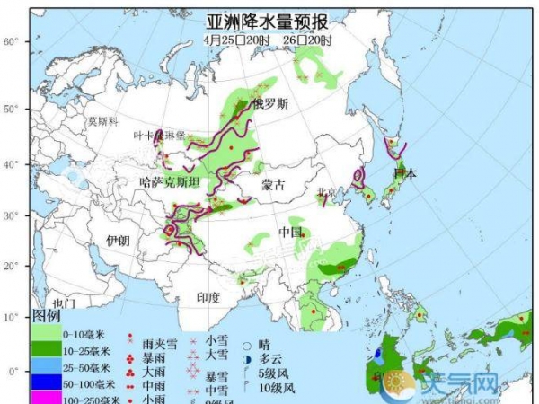 4月25日国外天气预报 北美洲中部和东部有较强雨雪