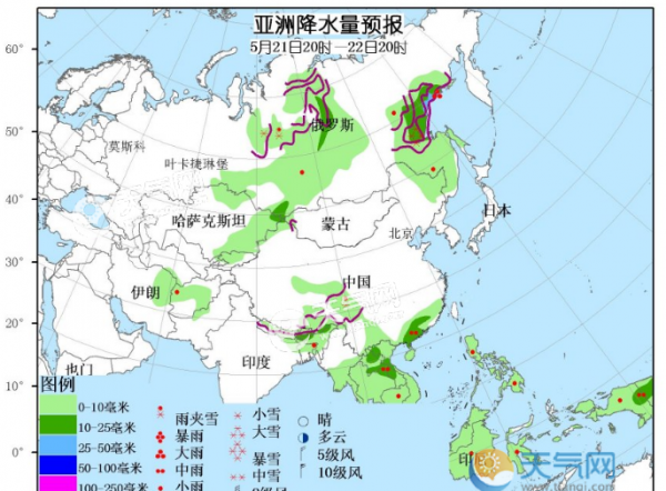 5月21日国外天气预报 北美洲中西部及东北部有较强雨雪