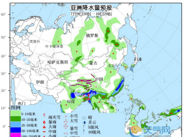 7月9日国外天气预报 亚洲南部现较强降水
