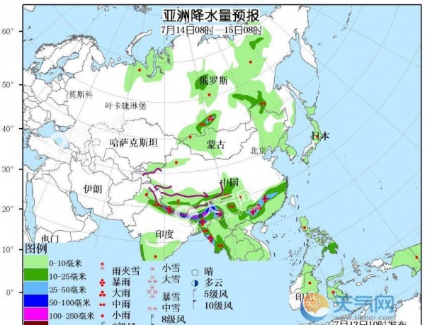 7月13日国外天气预报 亚洲南部较强降水来袭