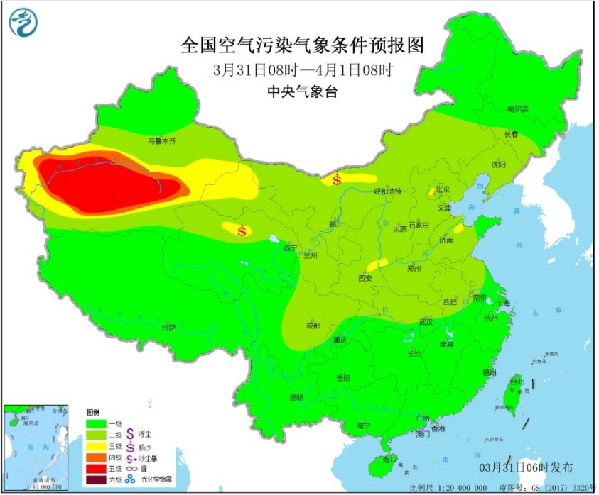 3月31日全国空气质量预报:新疆南疆甘肃西部等地多沙尘