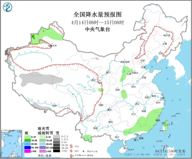 图1全国降水量预报图（4月14日08时-15日08时）