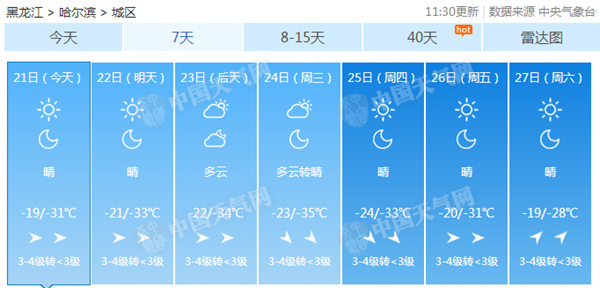 黑龙江遭寒潮漠河现冰雾 哈尔滨最低-35℃或破同期极值