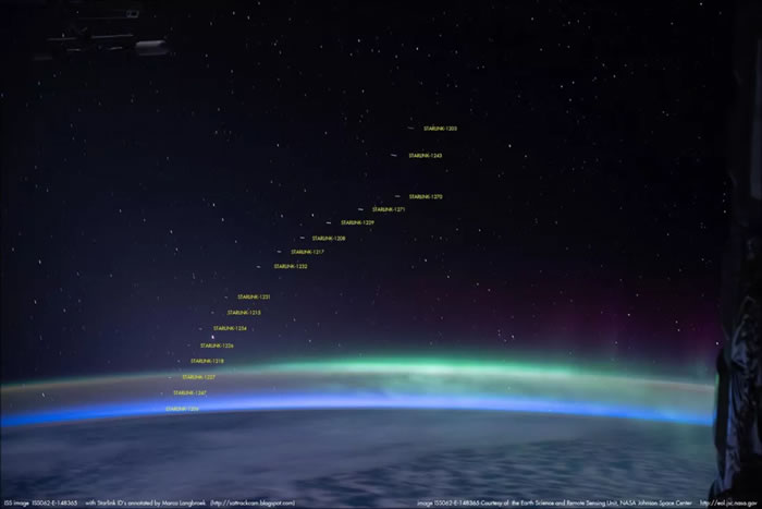 SpaceX“星链”卫星在国际空间站宇航员拍摄的南极光照片中出现