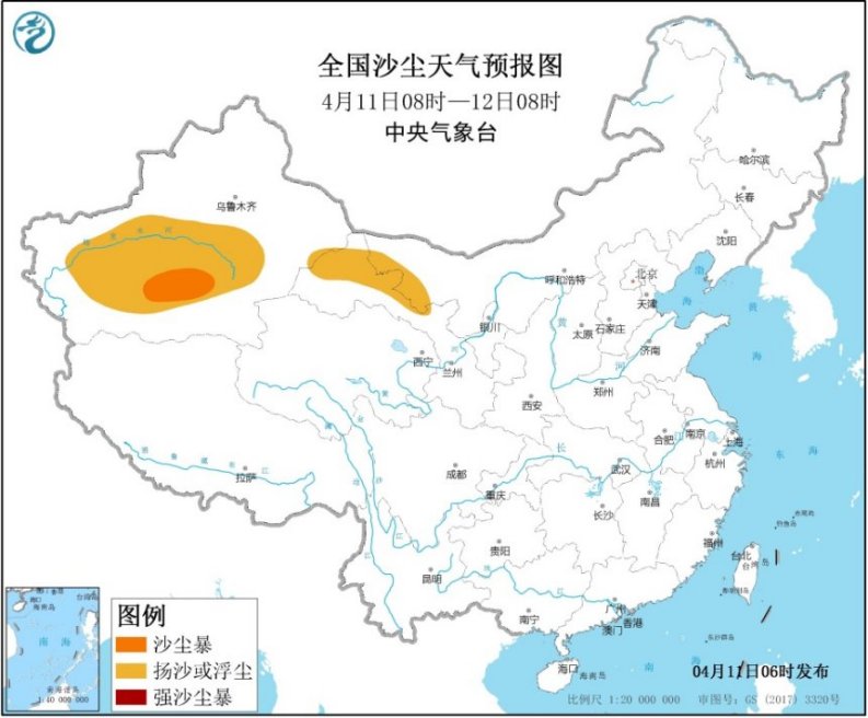图1全国沙尘天气预报图（4月11日08时-12日08时）