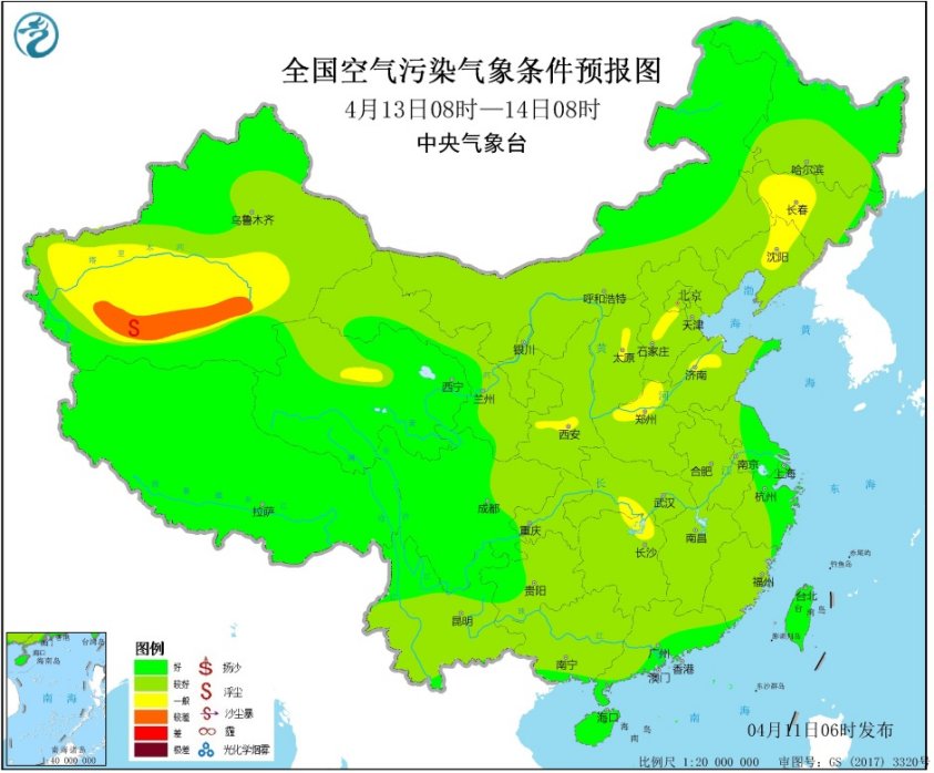 4月11日全国空气质量预报：西北部分地区有沙尘天气