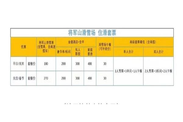 2019~2020将军山滑雪场价格表 酒店滑雪套票价格+租器具费用