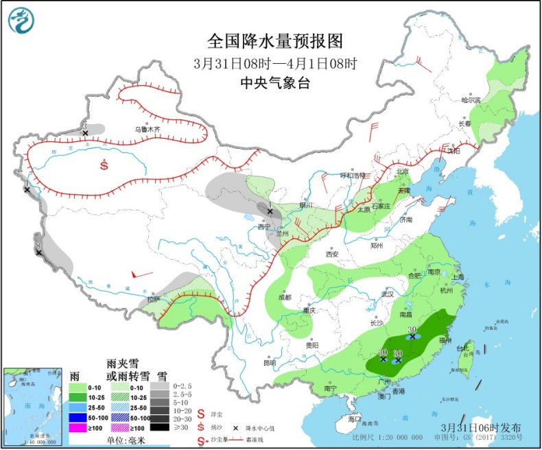 图1全国降水量预报图(3月31日08时-4月1日08时)