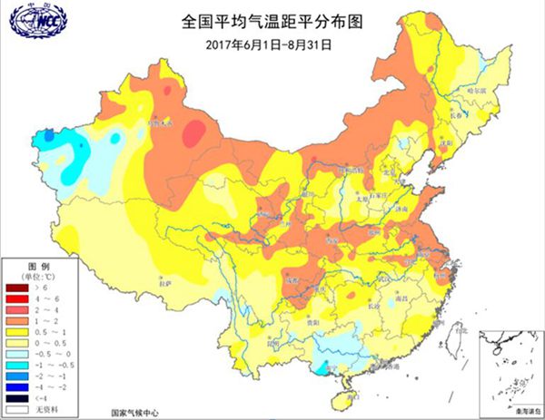 夏季全国平均气温距平分布图