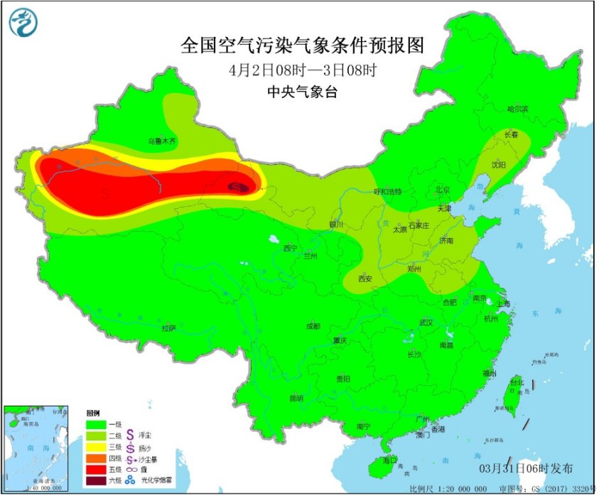 3月31日全国空气质量预报:新疆南疆甘肃西部等地多沙尘