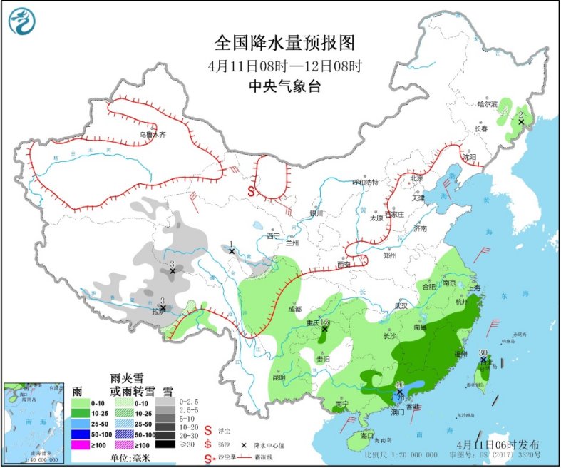 图2全国降水量预报图（4月11日08时-12日08时）