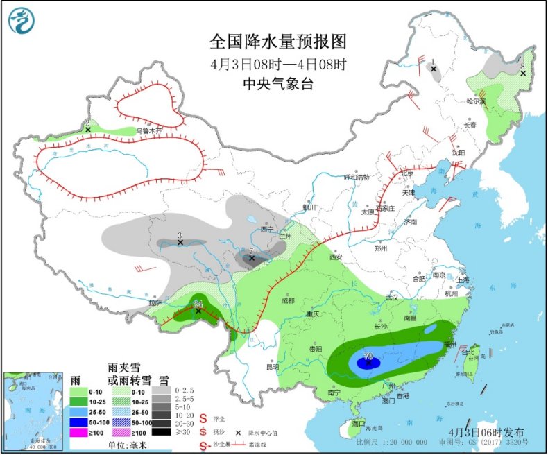 图1全国降水量预报图(4月3日08时-4日08时)