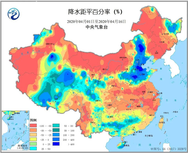 2020年4月1日至4月16日降水距平