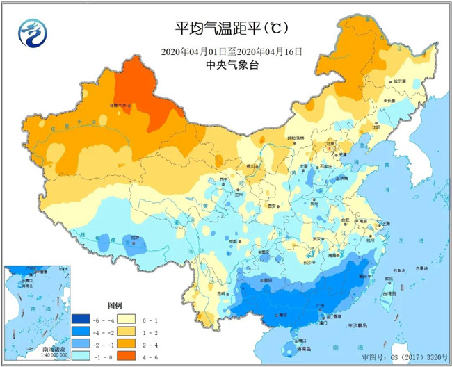 2020年4月1日至4月16日气温距平