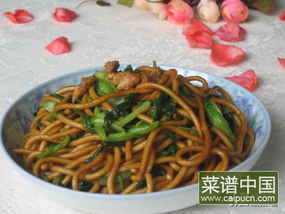 鸡毛菜肉丝炒面条