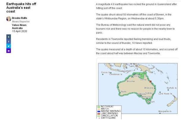 澳大利亚昆州海域发生4.8级地震  附近居民有震感但无海啸风险