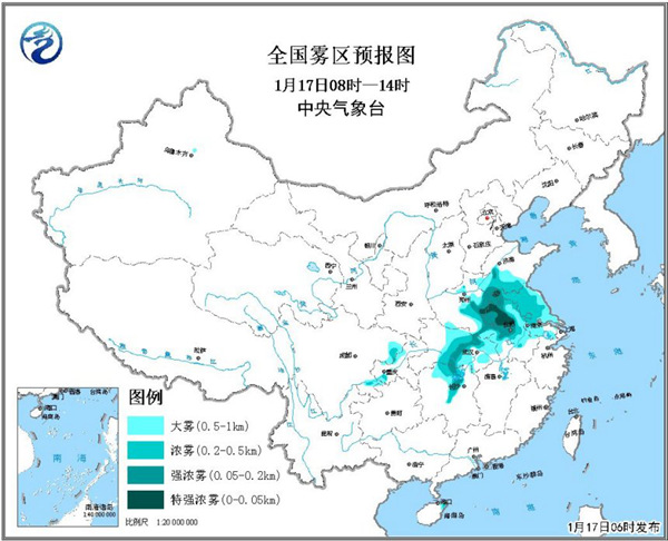 大雾黄色预警：湖北江苏等7省有大雾