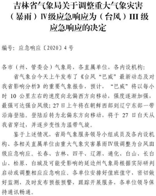台风“巴威”来袭 吉林省气象部门启动重大气象灾害 III 级应急响应