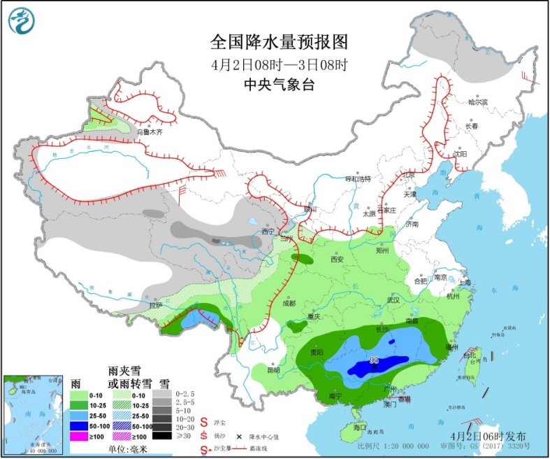 图1全国降水量预报图(4月2日08时-3日08时)