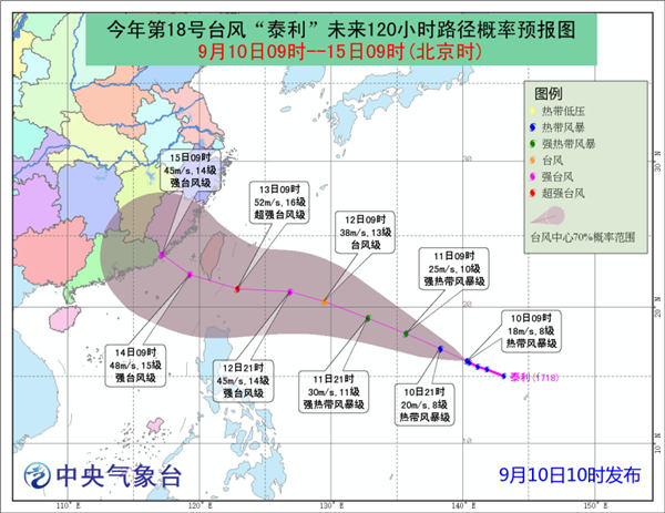 第18号台风“泰利”向我国东南沿海靠近